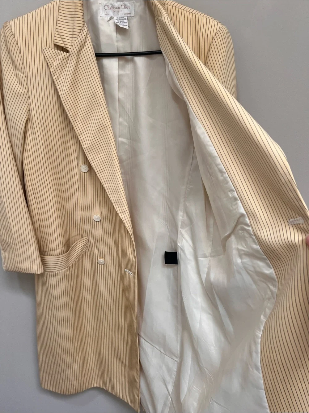 Vtg Christian Dior Yellow Pinstripe Suit Jacket/ Coat/Dress/Blazer. Sz 8. Wool.